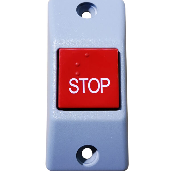PULSADOR STOP PLANO GRIS/ROJO BRAILLE RAL 7040