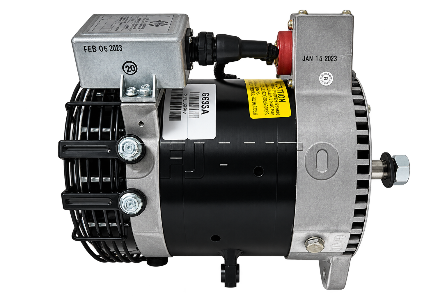 Alternador industrial con etiquetas y ventilación